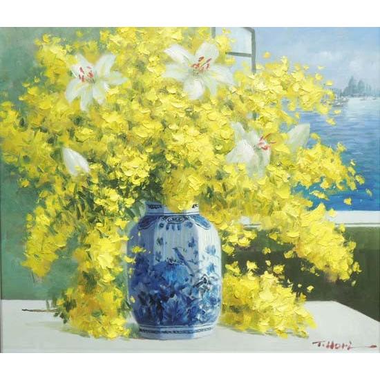 絵画 油絵 ミモザとカサブランカ （堀哲夫） 【肉筆】【油絵】【花