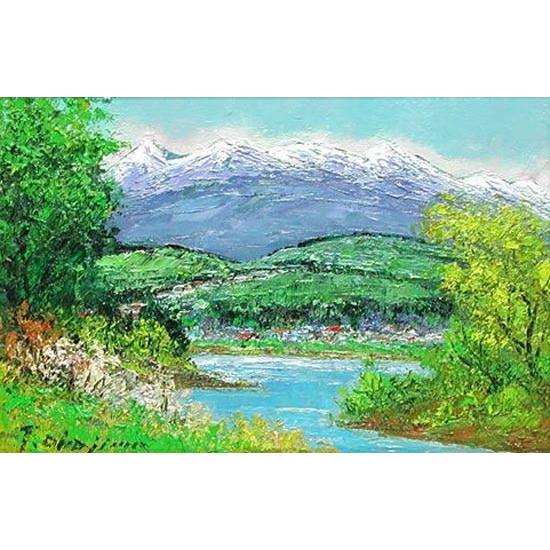 無題 山と湖の風景画 油絵さわやか サイン有り 無題 山と湖の風景画