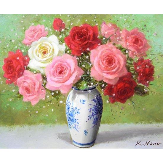 絵画 油絵 ばら (日野皖) 【肉筆】【油絵】【花】【6号】 : 掛け軸