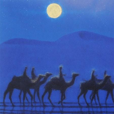 風景画 平山郁夫 夜の砂漠に行く M10 額付き 手描き 肉筆 平山郁夫