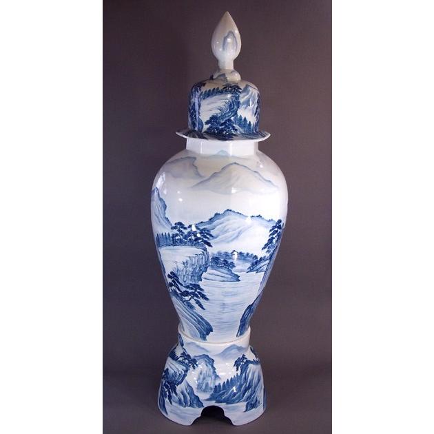 染付山水画飾り特大八角沈香壺｜有田焼 陶芸作家 藤井錦彩作 : 有田焼