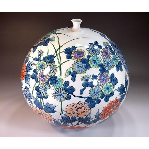 有田焼 色鍋島様式孔雀牡丹菊絵花瓶｜陶芸作家 藤井錦彩 作 : 有田焼