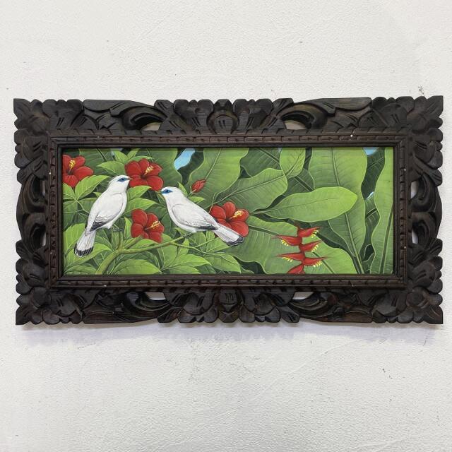 バリアート ブンゴセカン 鳥の絵 ハイビスカス 赤 W63×H33cm バリ絵画