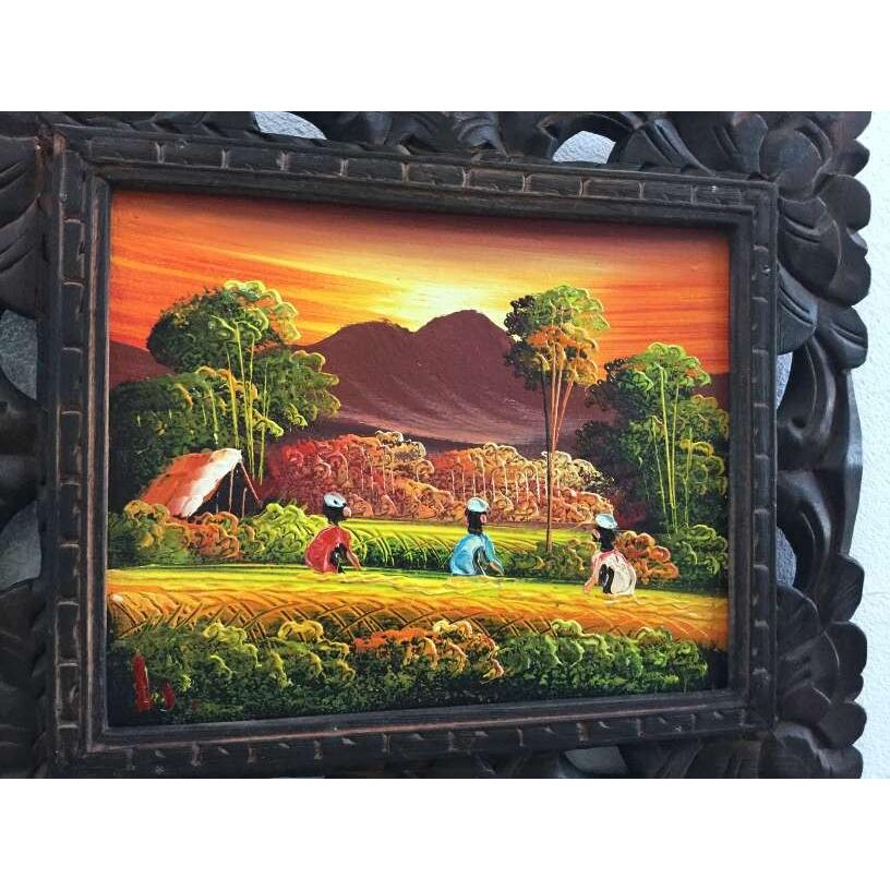 バリ絵画 稲刈りとバトゥール山 サンセット B-4 38×33 風景画 額付き
