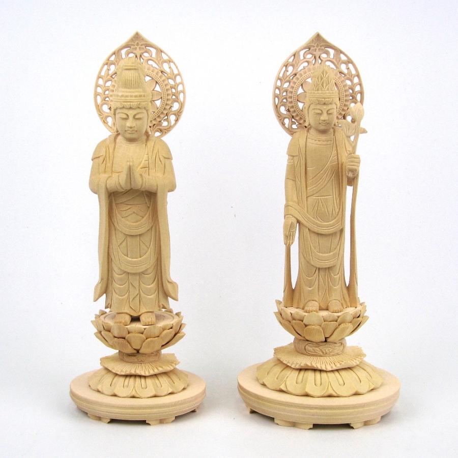 仏像 聖観音菩薩（蓮華持） 勢至菩薩 立像 4.0寸 一対 宝珠光背 円台