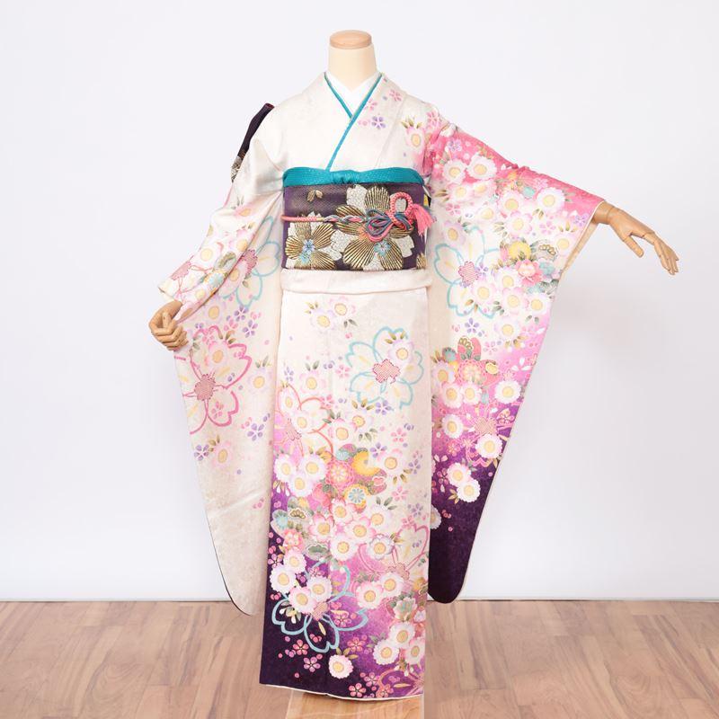 振袖レンタル 成人式 フルセット 1月 振袖 レンタル 白 桜 菊 笠松 裾