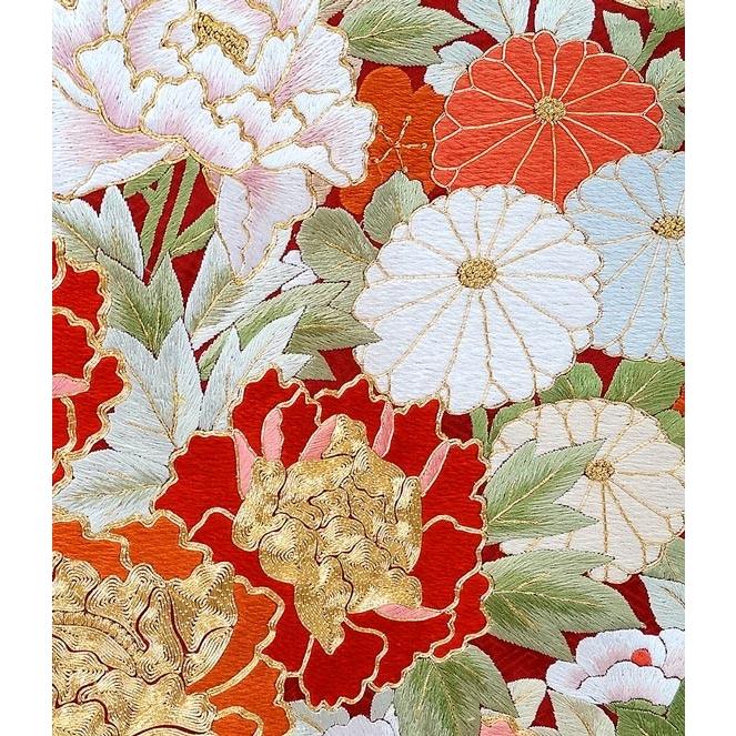 特選品 手刺繍振袖 仕立付き 四季花文 赤色 f-784 尾峨佐染繍 古典柄