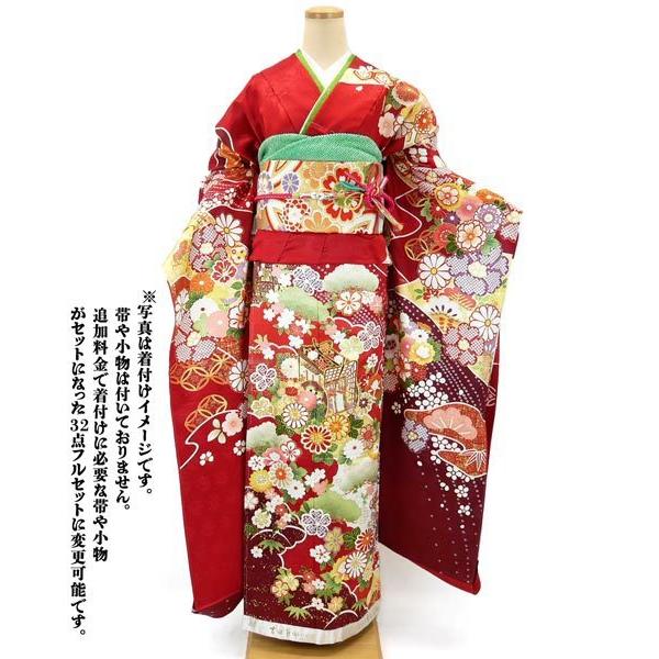 セール 吉澤友禅 正絹振袖 手縫い仕立付き 赤 御所車 金彩 f-794 正絹