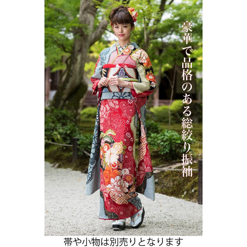 セール＞仕立付 総絞り 古典柄 正絹総絞り振袖 単品 刺繍入り f-034 赤