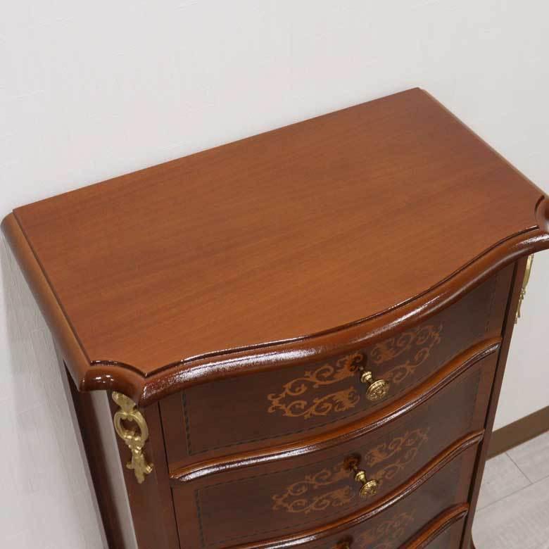 チェスト 木製 4段 完成品 茶 49cm 象嵌 ロココ調 イタリア 家具 猫脚