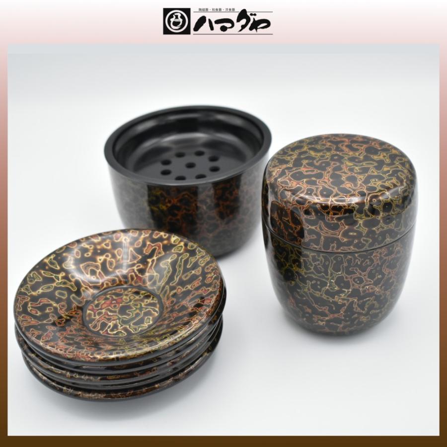 会津塗 茶器セット 夏目型茶筒・茶ガラ入・茶托5組セット item no