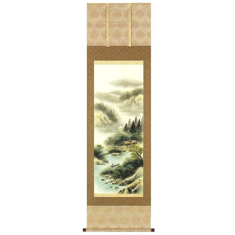 秋景山水 掛軸 専用木箱付き 彩色山水の掛け軸 上野白映作品 高級