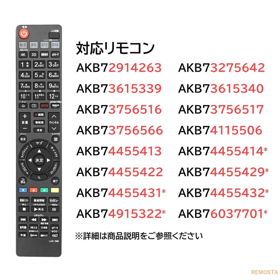 REMOSTA（リモスタ） 互換品 LG テレビ リモコン AKB73756566