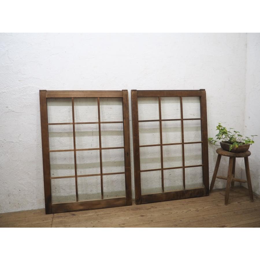 タN0752◇(2)【H94,5cm×W67,5cm】×2枚◇格子デザインの古い木枠ガラス