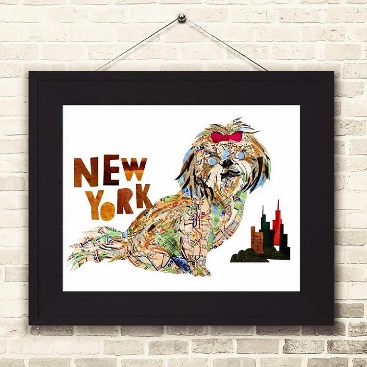 アートプリント 切り絵 貼り絵 A4 シーズー 犬 おしゃれ ニューヨーク