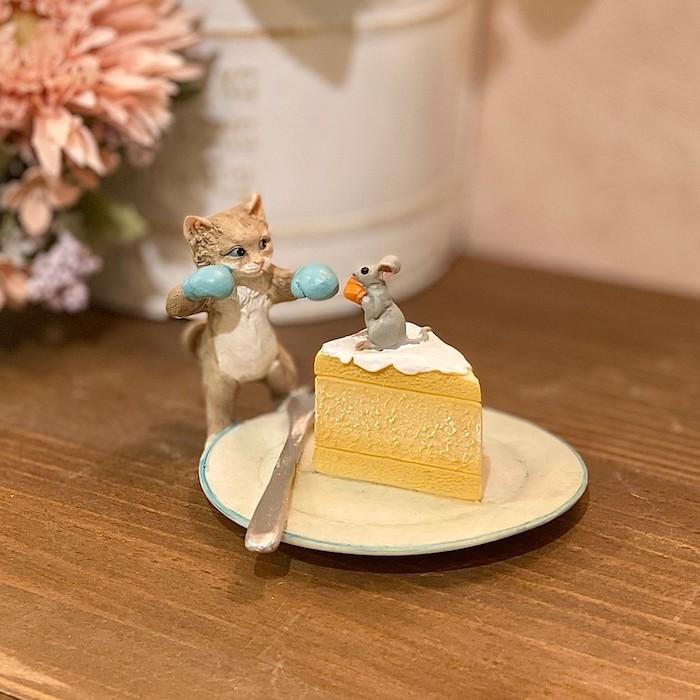 ケーキと猫とネズミ ev14241a ミニチュアアニマル レトロ アンティーク