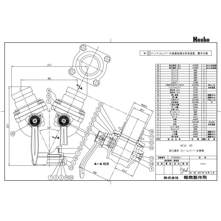 報商製作所 双口接手 Z-2 65A 女男男 制水金具 消防ホース 65mm 分岐