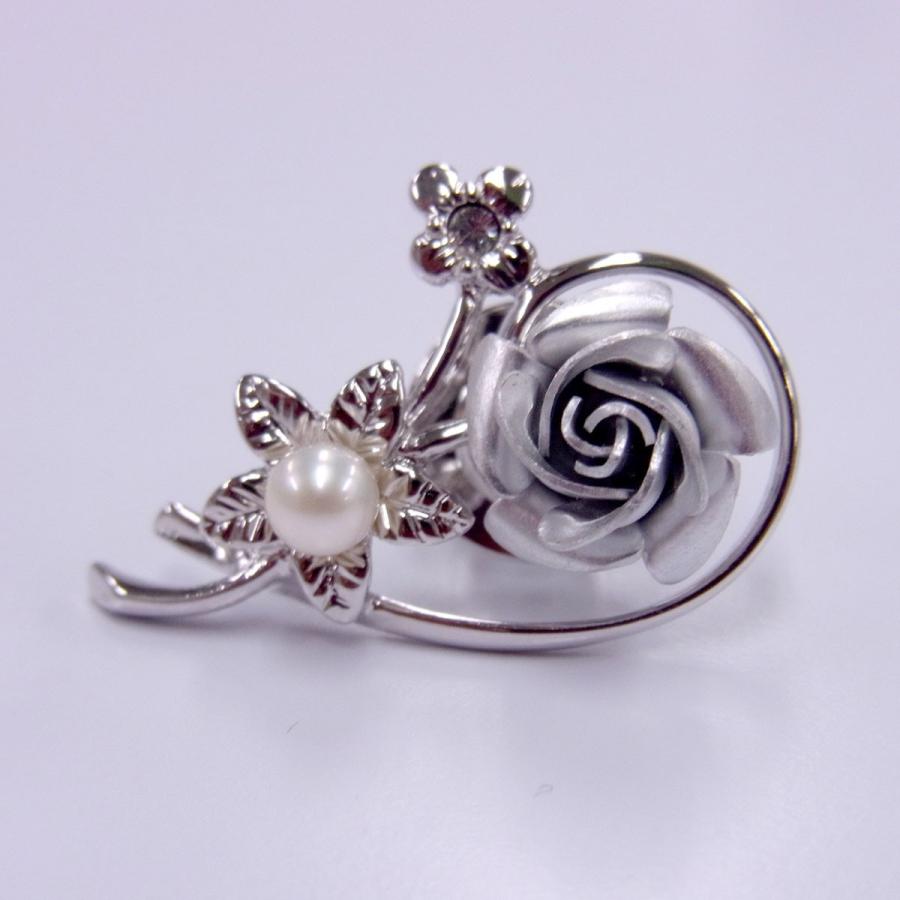 バラ パールブローチ タックブローチ 本真珠 スワロフスキー 赤 ピンク