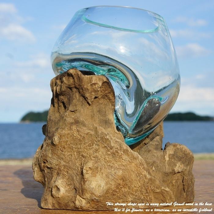 吹きガラスと天然木のオブジェTN 金魚鉢 メダカ水槽 花瓶 流木ガラス