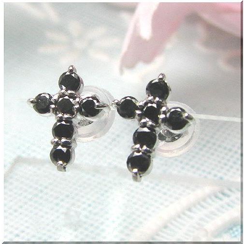 ブラックダイヤ ピアス K10WG ブラックダイヤモンド クロス 十字架