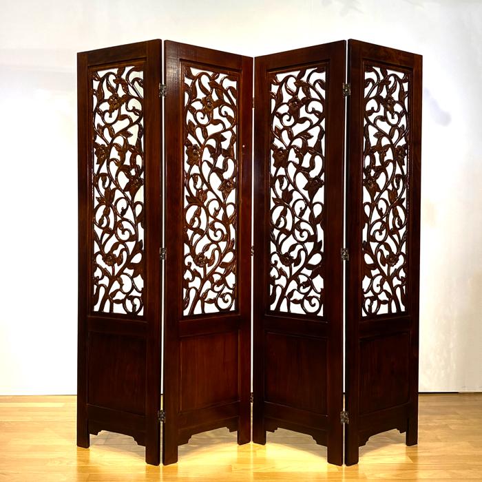 火星人】古い竹簾屏風 衝立 パーテーション 四連 透かし彫り 古道具