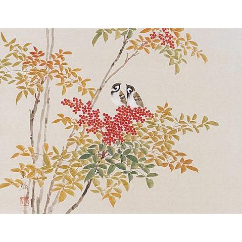 掛け軸 掛軸 南天に雀（出口 華凰） 花鳥画 冬物掛軸 日本画 全国送料