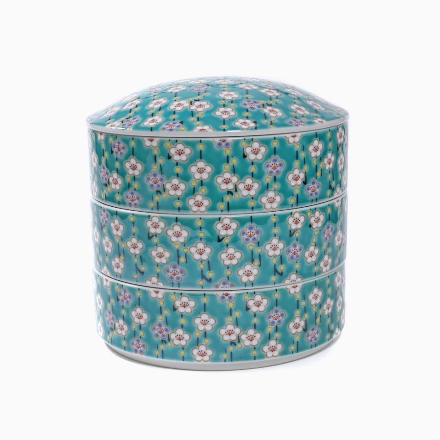 三段重箱 九谷焼 北陸伝統工芸 ウメ 梅 青 ブルー 色絵 小物入れ 記念