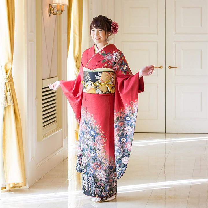 高級正絹 振袖レンタル 送料無料 FS-058 赤系 振袖 成人式 レンタル