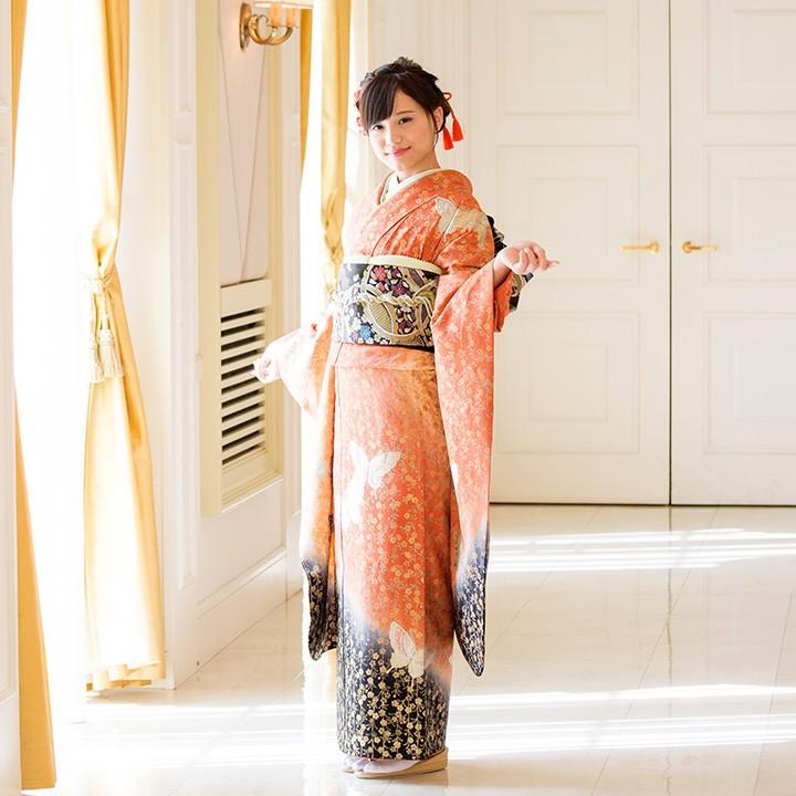 高級正絹 振袖レンタル 送料無料 FS-002 オレンジ系 振袖 成人式