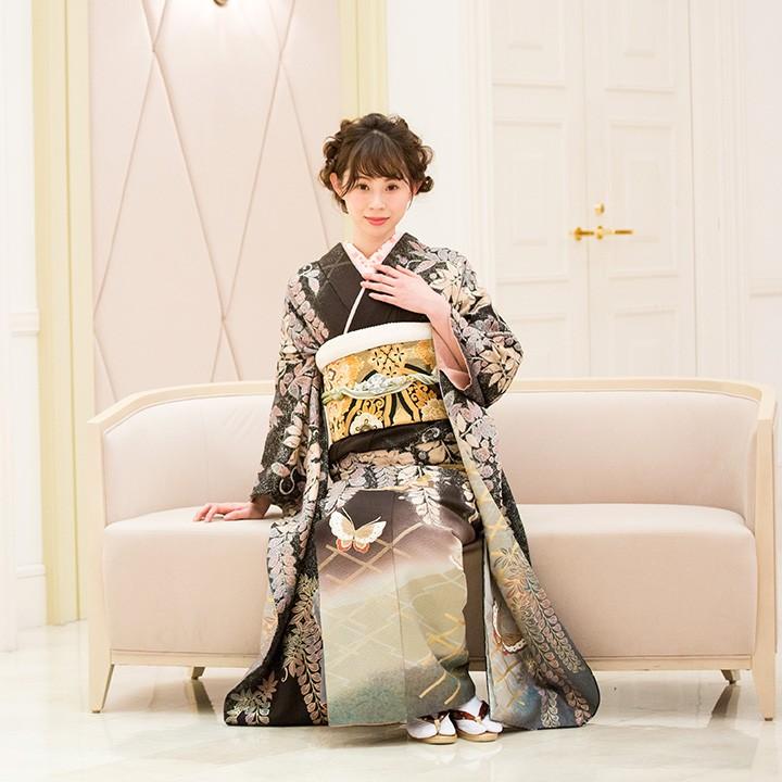 高級正絹 振袖レンタル 送料無料 FS-011 黒系 振袖 成人式 レンタル
