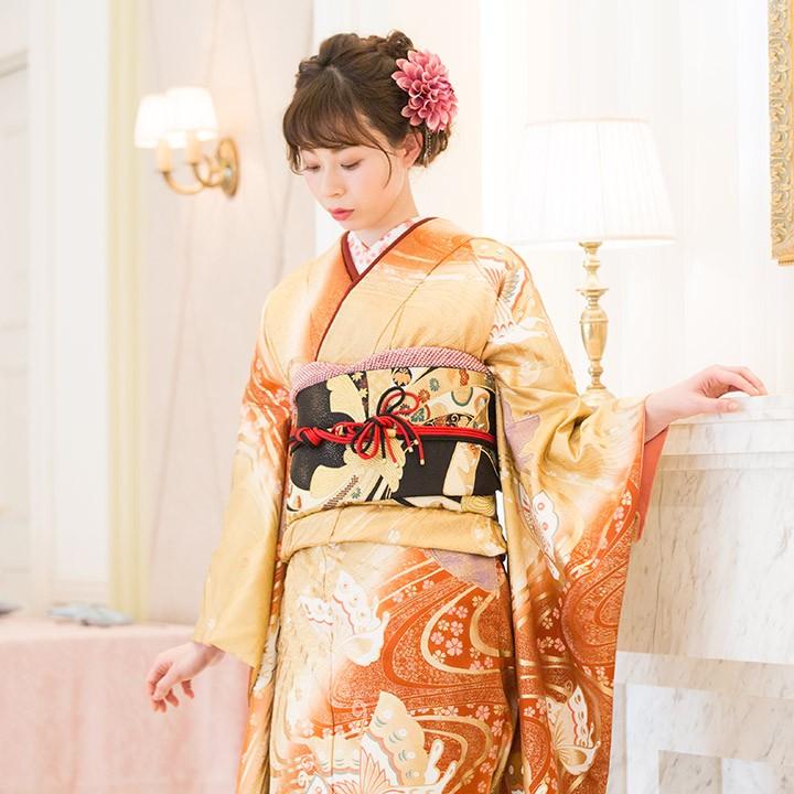 高級正絹 振袖レンタル 送料無料 FS-018 黄系 振袖 成人式 レンタル