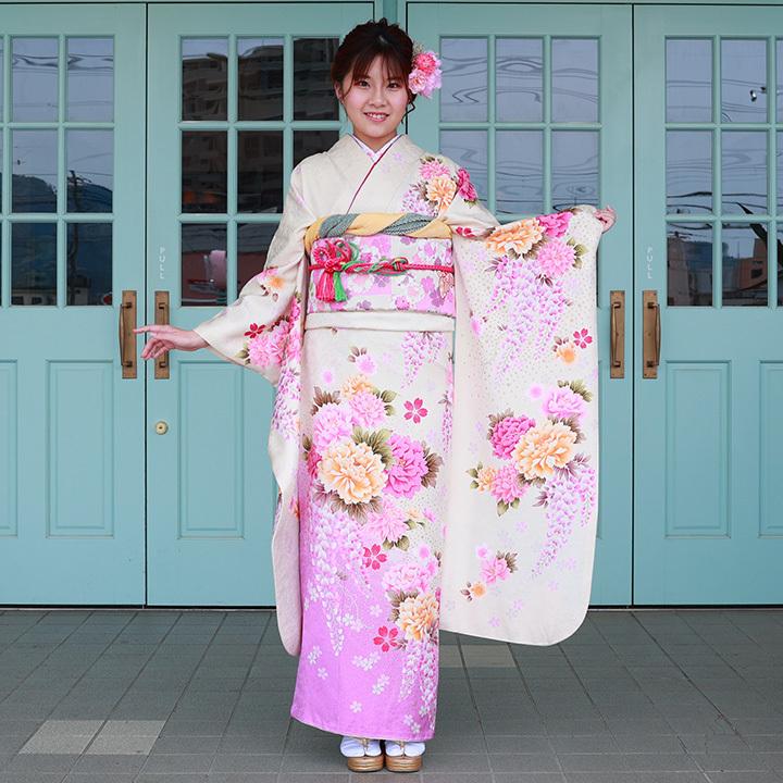 振袖レンタル 成人式 高級正絹 FS-089 白 牡丹 藤の花 振袖 レンタル