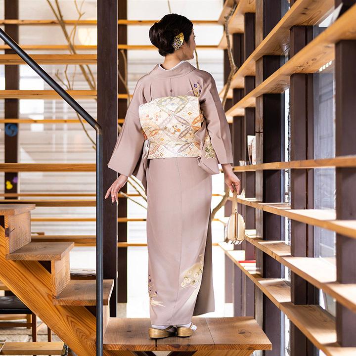 レンタル フルセット 高級正絹 訪問着 HO-MI220 茶鼠色 菊・萩・桔梗