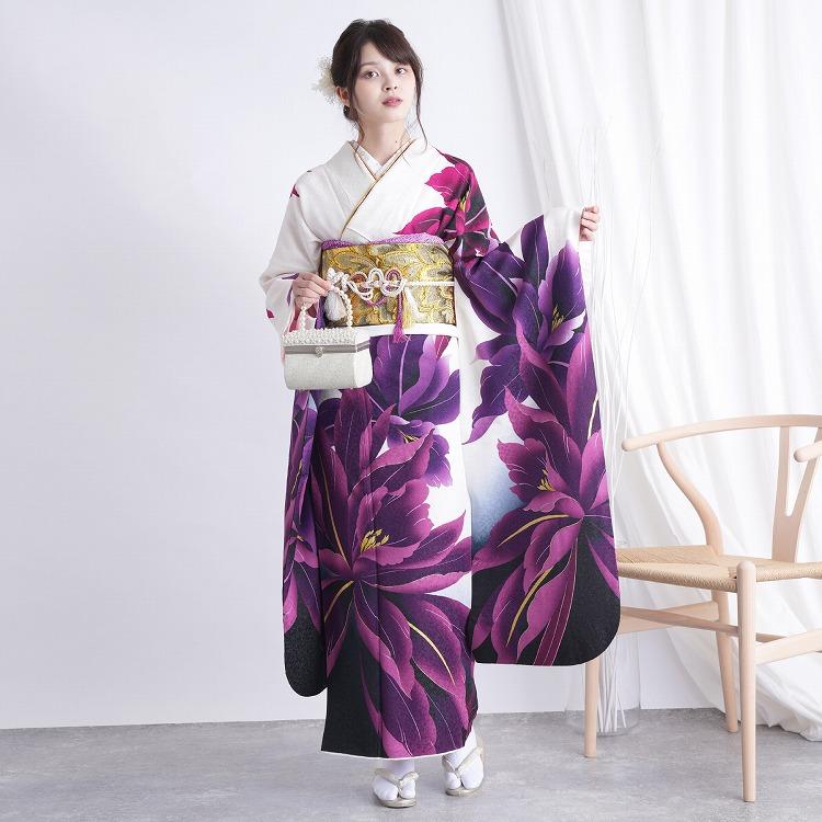 成人式 振袖フルセット 1139 白地 ピンク 紫花柄 正絹 振袖 格安
