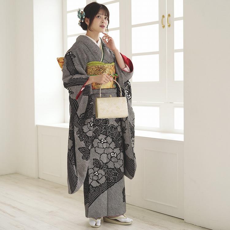 振袖 レンタル 成人式 21点セット レトロ 成人式セット 花 黒系 正絹