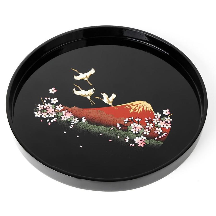 お盆 トレー おしゃれ 木製 丸盆 尺 黒 富士山に鶴と桜 30cm 漆器 和柄