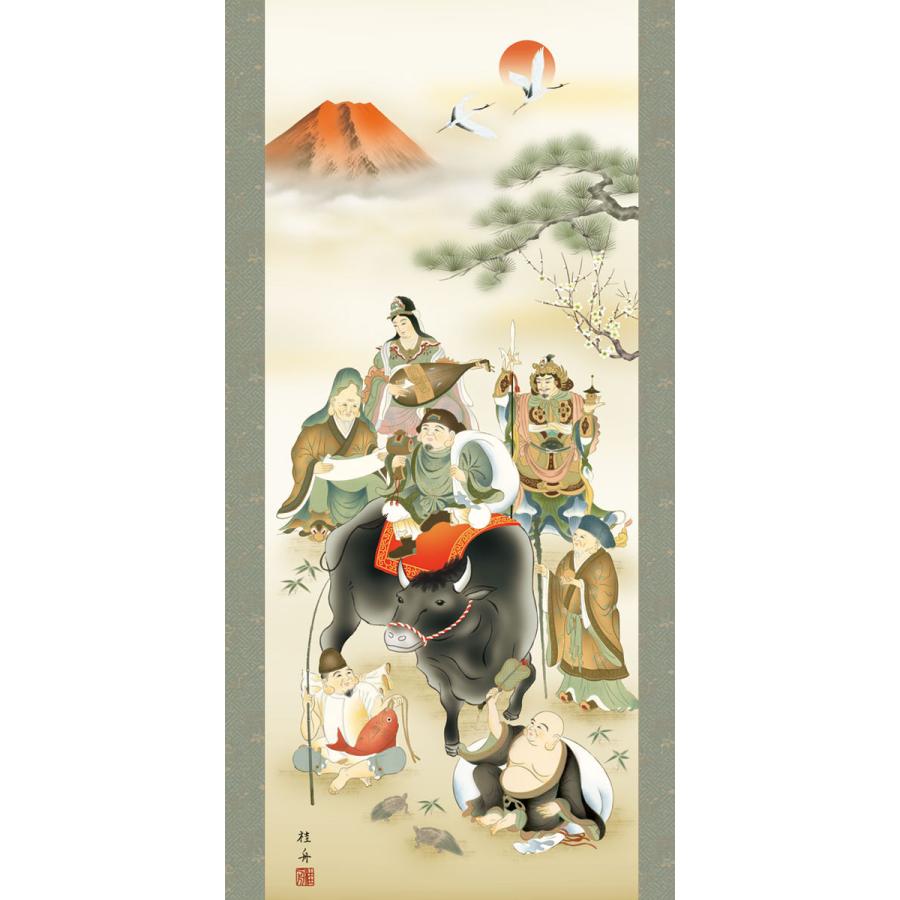 掛軸 (掛け軸) 2021年干支 七福吉祥牛図 長江桂舟（尺五立・桐箱入り