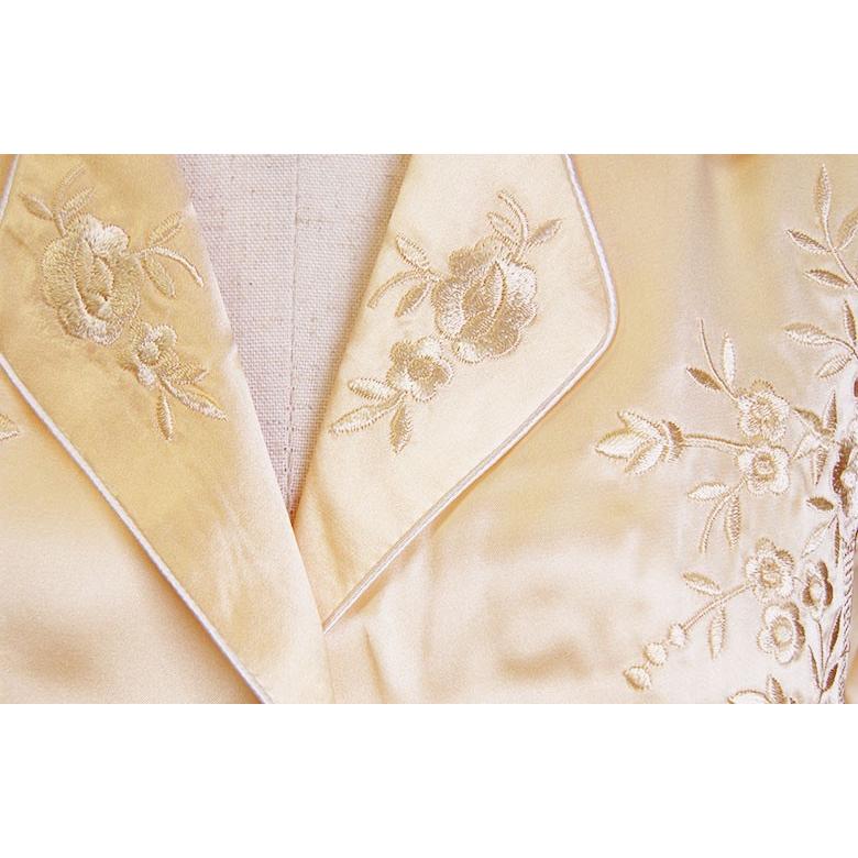 シルク パジャマ 花柄刺繍 100％ レディース エッグイエロー 黄色 絹