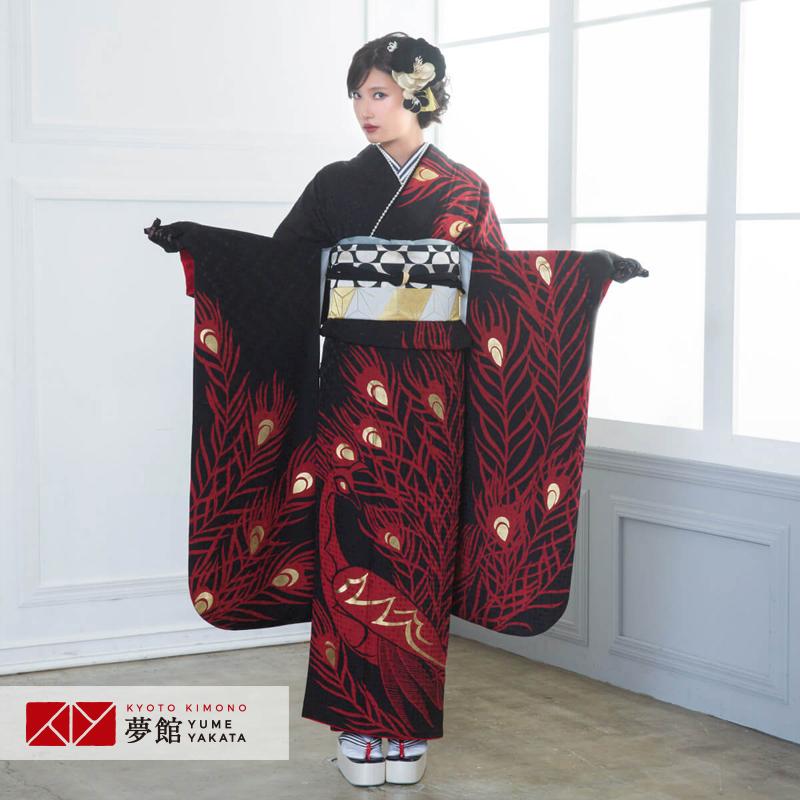 振袖レンタル モダンアンテナ 黒 孔雀(絹) 成人式 結婚式 モデル着用
