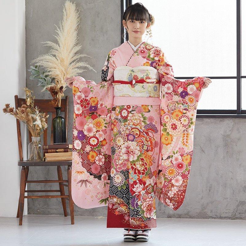 振袖レンタル ピンク 桧扇に花（絹） 成人式 結婚式 対応身長154