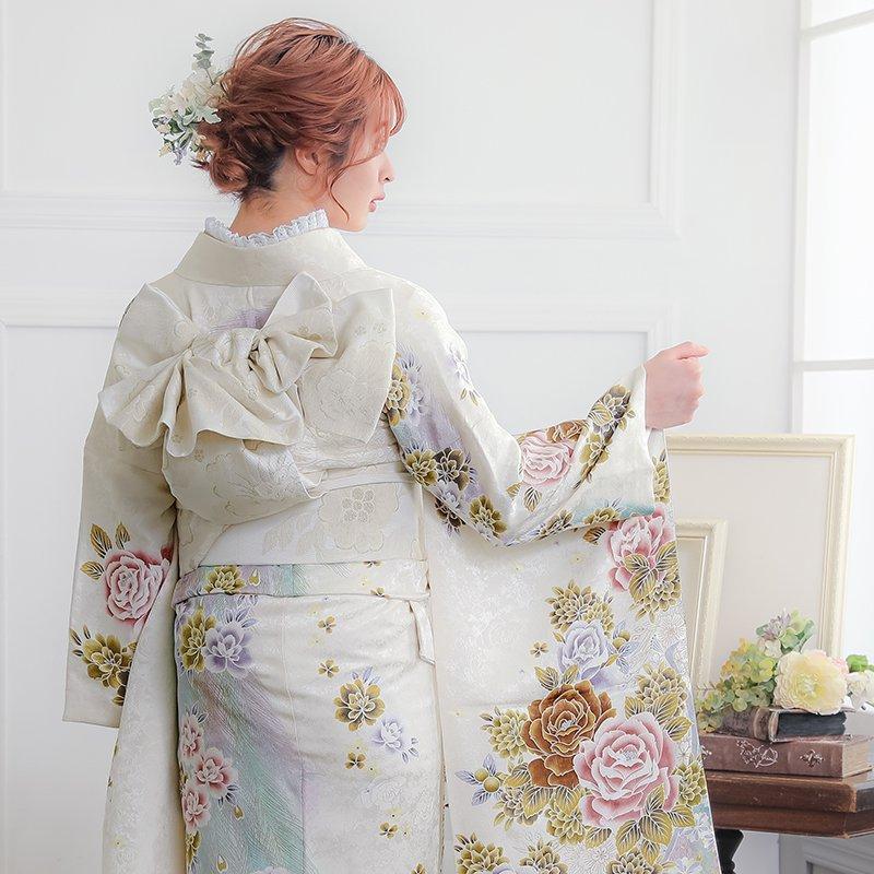 振袖 レンタル 成人式 結婚式 白 薔薇と孔雀（R554）(絹)12月〜1月利用
