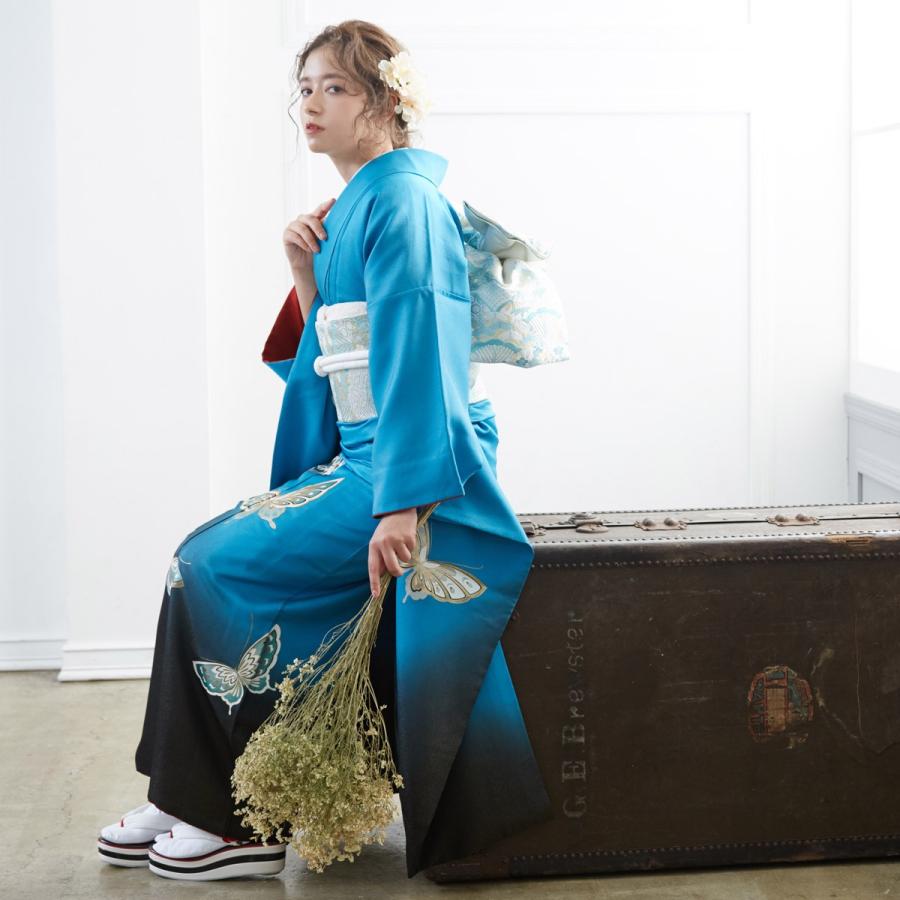 振袖 レンタル 成人式 結婚式 ブルー ラメ入り 金彩蝶(絹)(宅)モデル