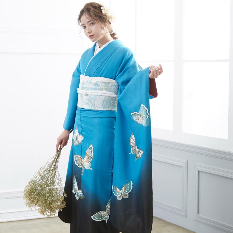 振袖 レンタル 成人式 結婚式 ブルー ラメ入り 金彩蝶(絹)(宅)モデル