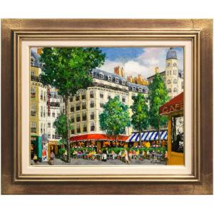 有名作家作品の気がします 外国街の街風景 油彩画 豪華デザイン額縁