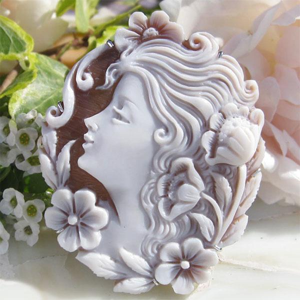 作家サイン入りアートシェルカメオ 22g K18枠 エナメル装飾 カメオ