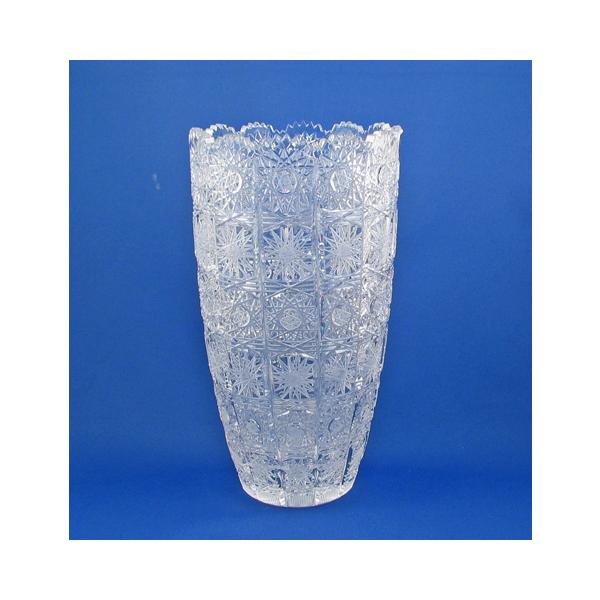 ボヘミアグラス クリスタルガラス フラワーベース 花柄彫刻 約20cm