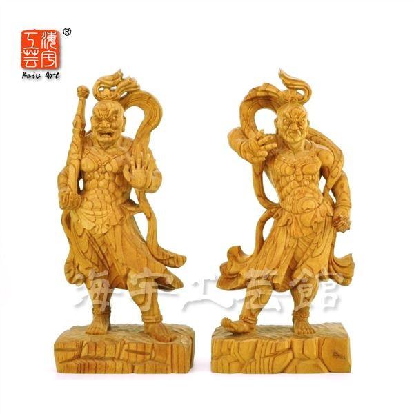 木彫り仏像 【仁王像(金剛力士)】阿吽セット 淡彩色 総高12cm ※桐箱入