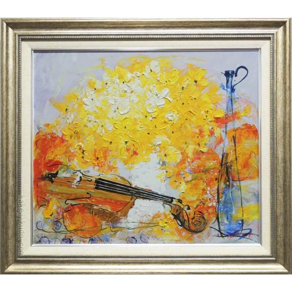 絵画 油絵 花とバイオリン (池田秀郎) 【肉筆】【油絵】【花】【静物