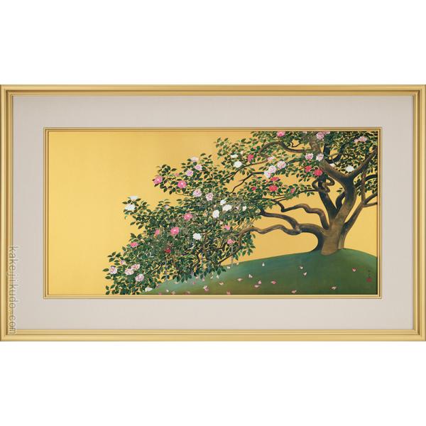 美品 掛け軸 奥村土牛筆 金地「椿」彩美版複製画 解説付き 縁起物 名画