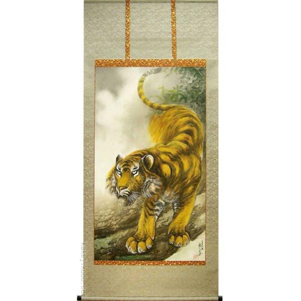 真作】//佐々木美山/月下猛虎図/絹表装/布袋屋掛軸HC-475